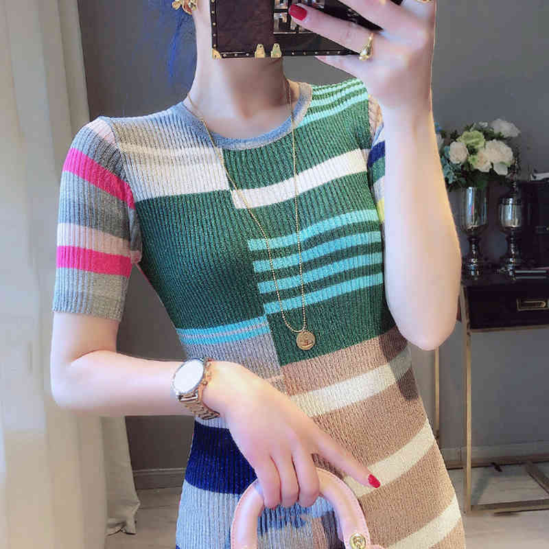 Summer Women 0-Neck Short Sleeve Striped Bodycon Knee Length Dress Sexy Partynight Club Intarsia Sweater C-065 210522