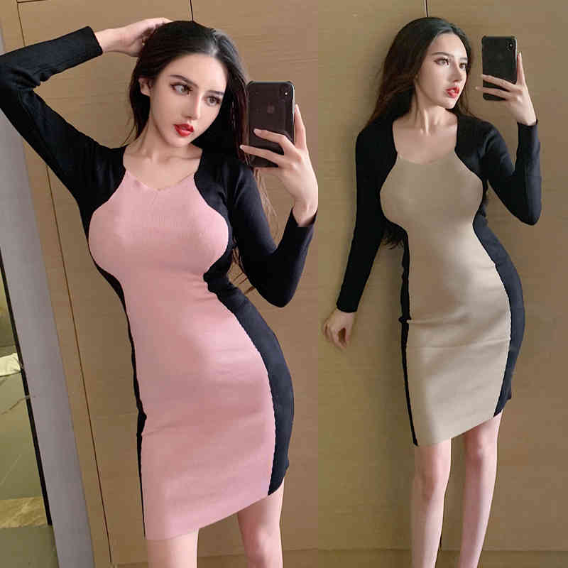 O-neck Knitted Color-block Sexy Streetwear Europe and America Mid-length Dress Winter Slim Bodycon Bottoming 12249 210508