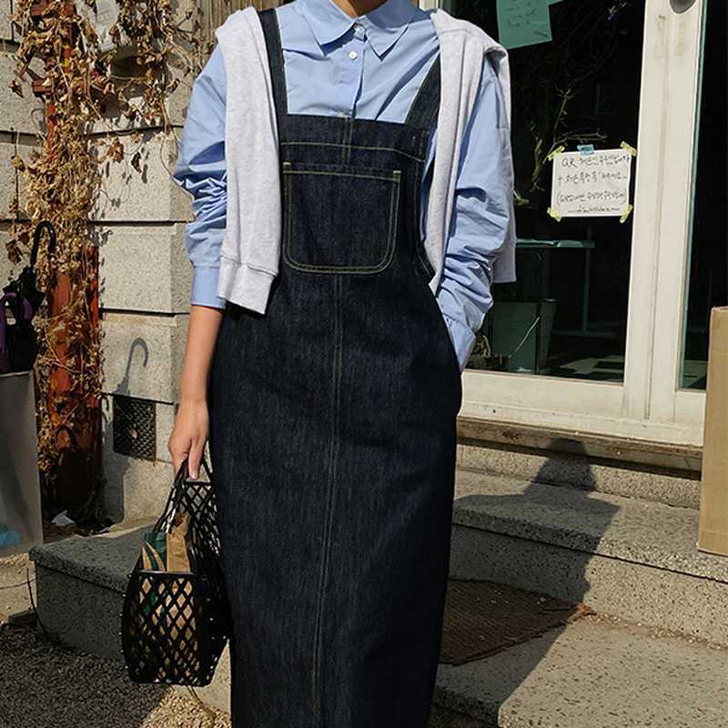 Vintage Loose Split Denim Strap Dress Women Summer Mid-length Straight Dresses Fashion All-match Silm Waist Vestidos 210525