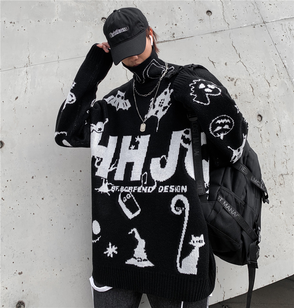 sweater knit dark black cartoon funny letter jacquard men's street fashion brand loose high neck long sleeve, White;black
sweater knit dark black cartoon funny letter jacquard men's street fashion brand loose high neck long sleeve, White;black
