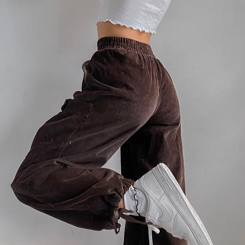 Corduroy Pants Womne's Spring Elastic High Waist Pocket Tie Foot Loose Female Solid Color Trousers 5A1048 210427