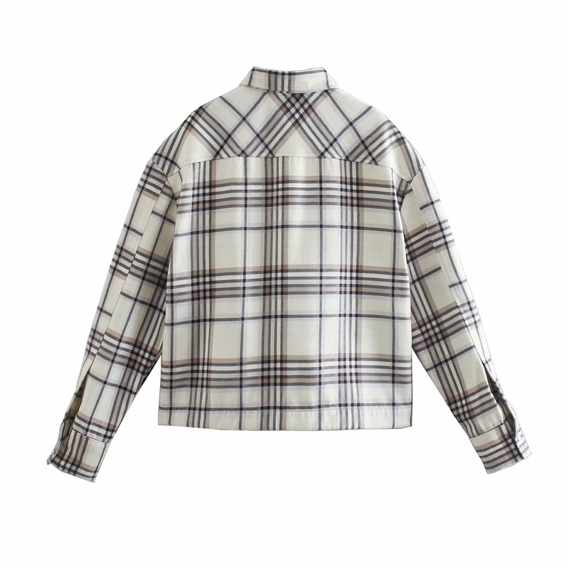Elegant Women Plaid Tweed Shirts Fashion Ladies Loose Pocket Tops Streetwear Female Chic Turn Down Collar Shirt 210430