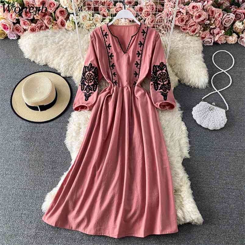 Vintage Vestidos Floral Embroidery Beach Style Lantern Sleeve Summer Dresses A-line High Waist Woman Dress Korean Chic 210519