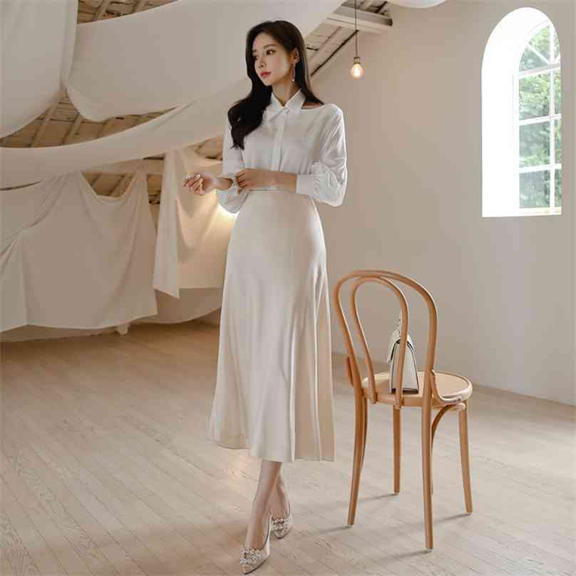 2 piece set Suit Korea Ladies brought a word shoulder white shirt and Long Skirt 210602
2 piece set Suit Korea Ladies brought a word shoulder white shirt and Long Skirt 210602