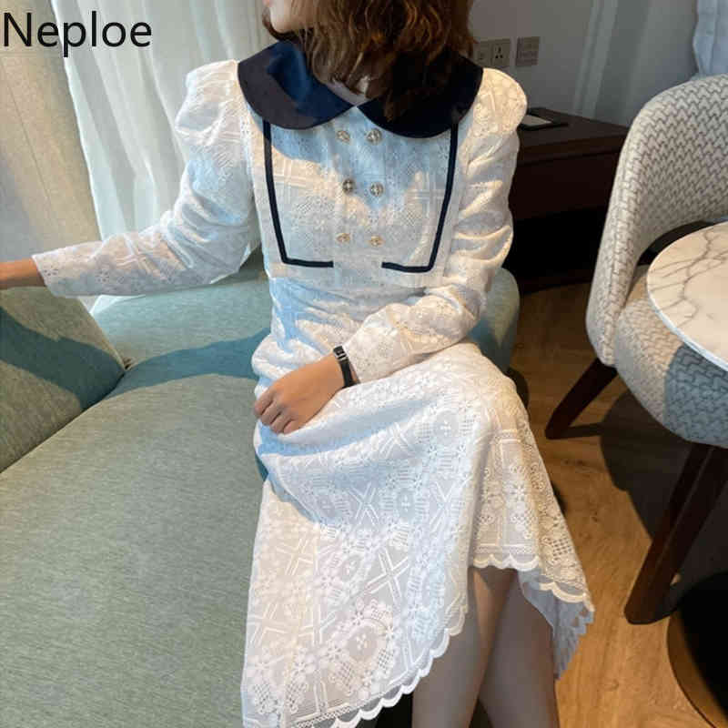 Neploe Korean Vintage Maxi Dress Peter Pan Collar Double-breasted Heavy Lace Vestidos Pattern Slim Elegant Dresses for Women 210422