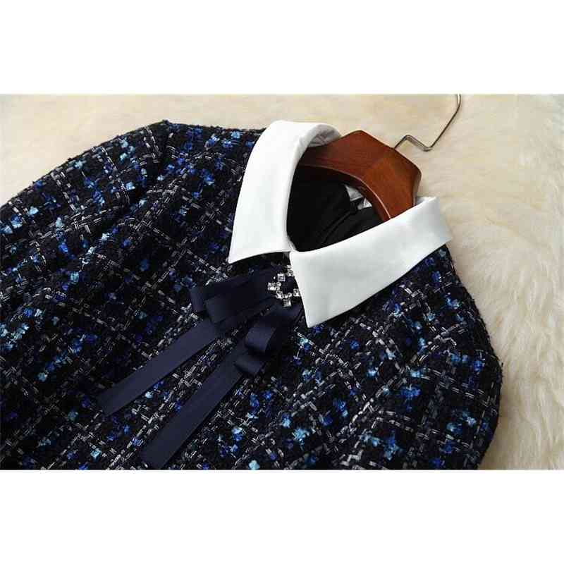 High Quality Runway Woman Clothes Elegant Diamonds Bow Long Sleeve Casual Slim Plaid Retro Tweed Woolen Dress Vestidos 210519