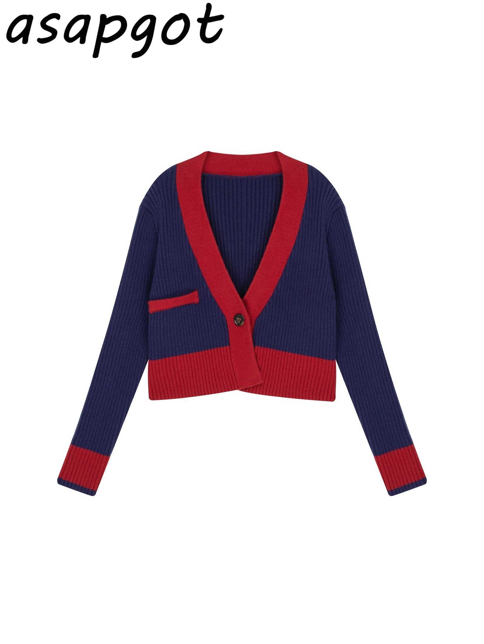 Sweaters&Jumpers Thin V Neck One Button Short Cardigan Long Sleeve Tops Wild Casual Knitted Jacket Contrast Retro Chic 211011Z