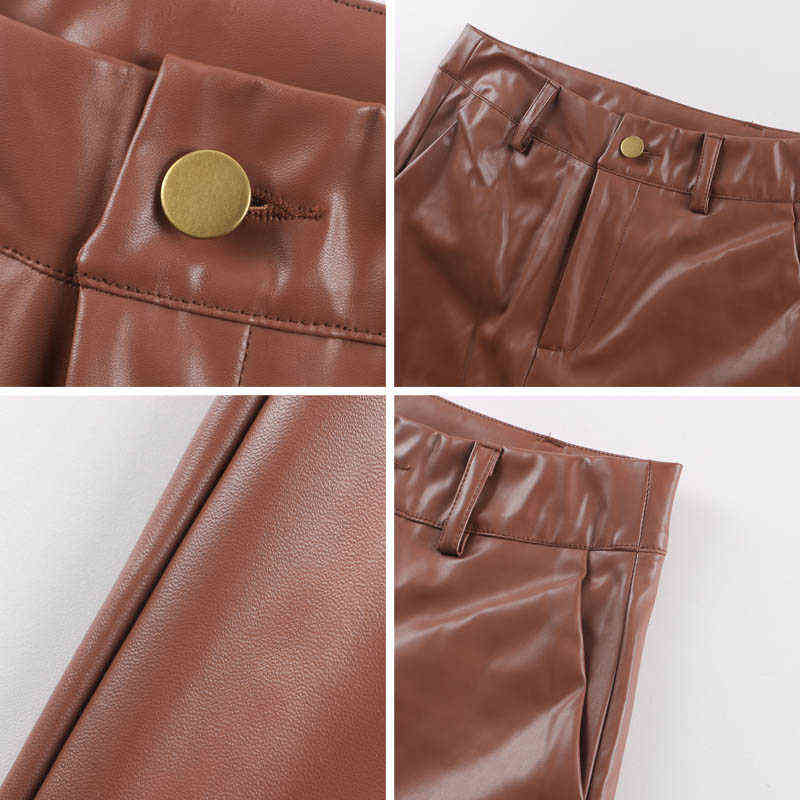 Europe High Waist Clubwear PU Leather Pants Zip Front Pockets Classic Pure Wide Legs Sexy Brown Winter Women Trousers 211115