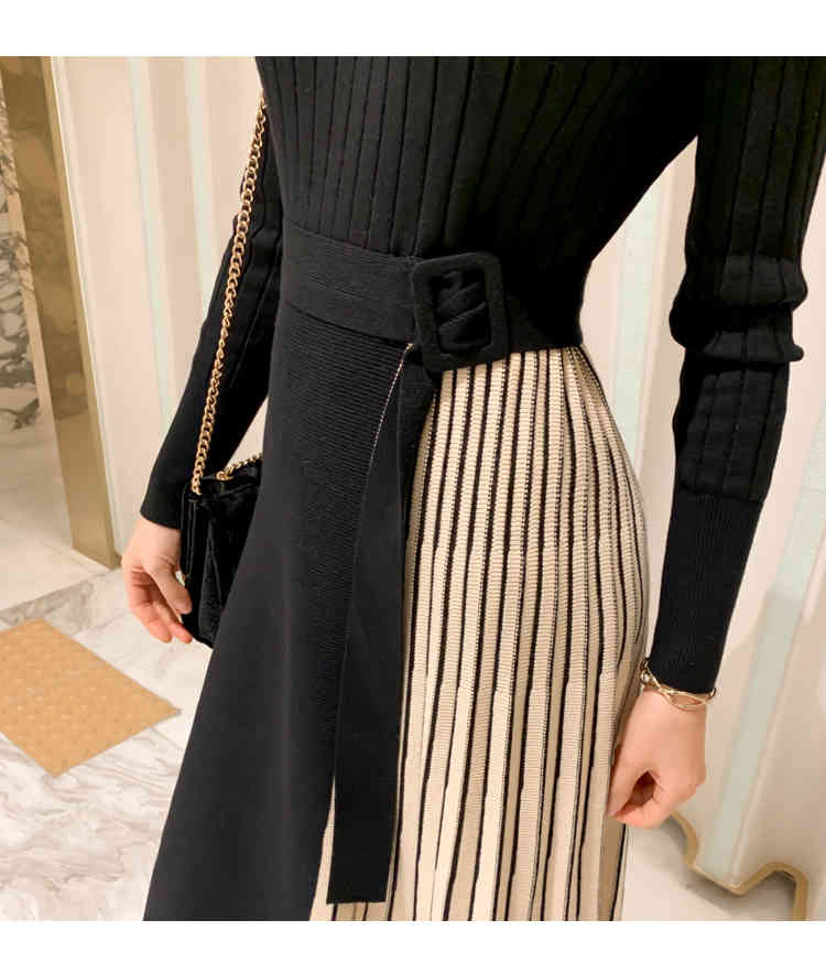 Winter Elastic Knitted Dresses Women Color matching Lace-up Sweater Dress Fashion Slim Work Office Vestidos 210506