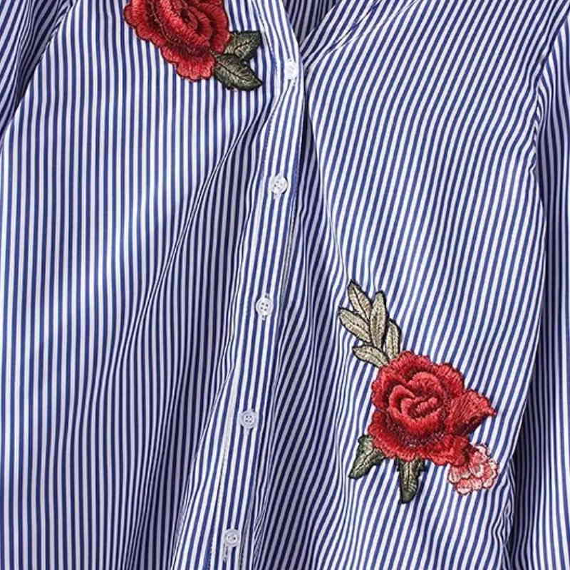 Fashion Women Flower Embroidery patch Striped Shirts Long sleeve Blouses Casual Loose Tops chemise femme blusas S1711 210430