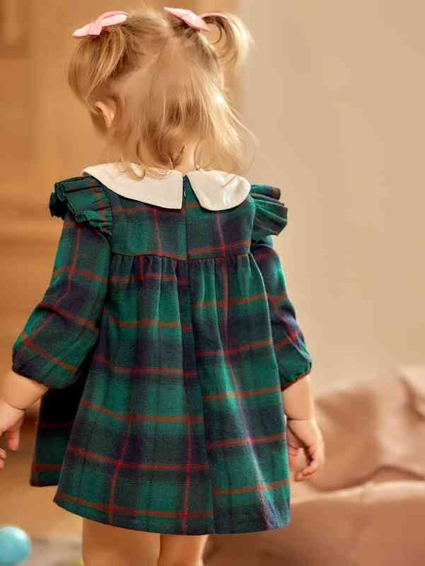 Baby Tartan Print Contrast Peter-pan Collar Ruffle Trim Dress SHE