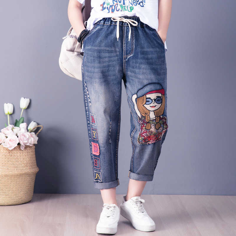 Cartoon Gril Embroidery Jeans Women Spring Fashion Elastic Letter Patchwork High Waist Denim Harem Pants Lady Casual Trousers 210922