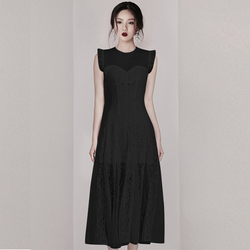 Elegant Party Dress Women Sleeveless High Waist Hollow Out Patchwork Lace Dresses Female Summer Fashion 210520