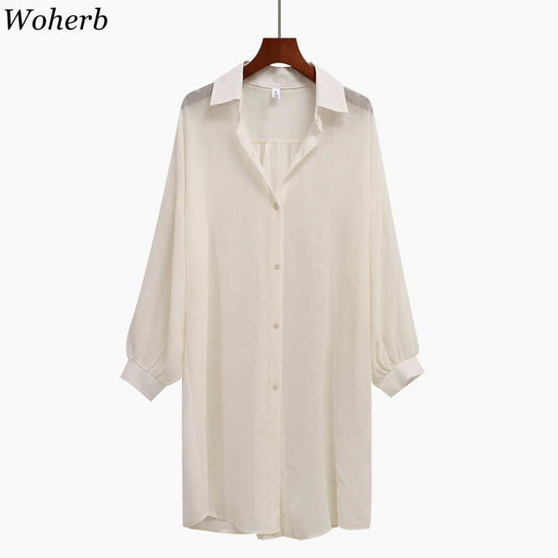 Sunscreen Shirt Women Summer Thin Chiffon Tops Korean Fashion Long Blouses Loose See Through Blusas Mujer 4j297 210519
