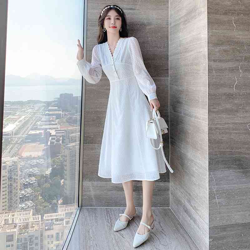 Spring And Autumn Korea Chic White Lace Dress Sexy V-Neck Sweet Slim Waist Temperament Women's Clothing 210520