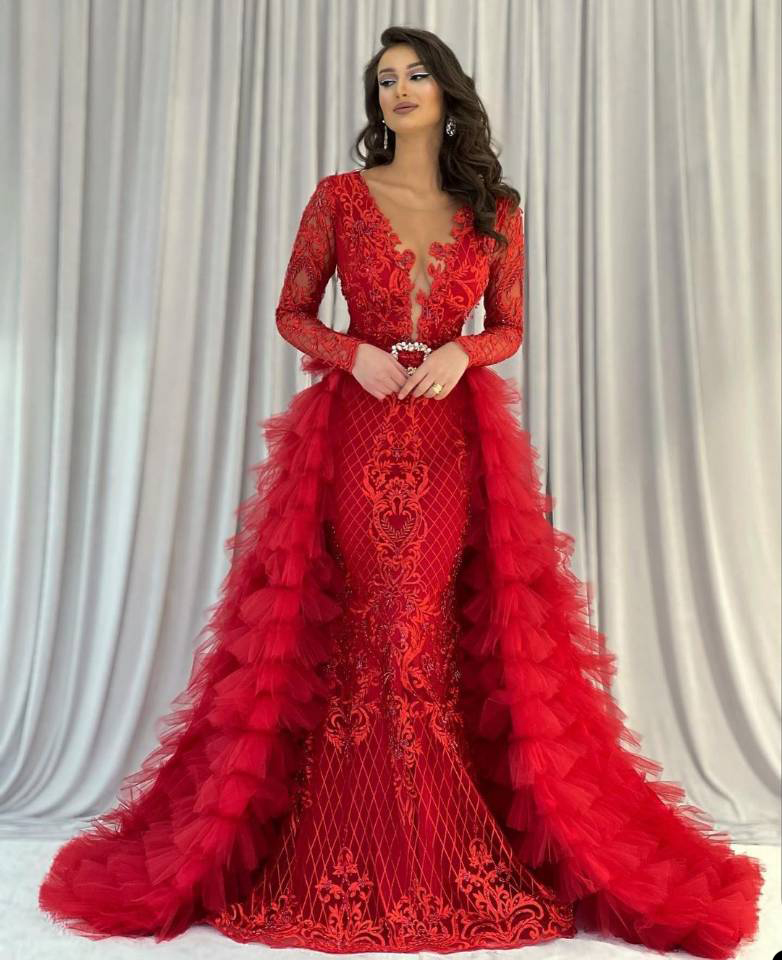 red mermaid dubai evening dresses with removable train long sleeve appliques prom dress formal party gowns robe de marie