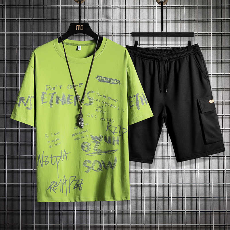 Tracksuit Men Sets Summer 2 Pieces Sportswear Set Gym Fitness Sport Shorts Casual Letter Printing Sweat Suit White 4XL 210603