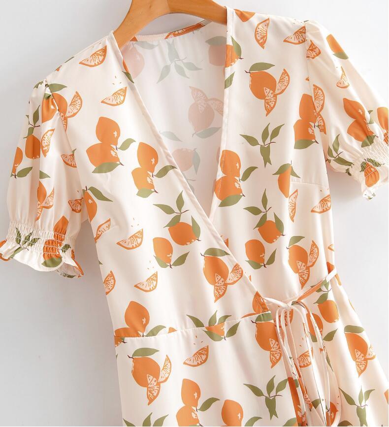 France style Fruits Floral Short Sleeve Wrap Dress V neck Lace Up Knot Midi Vintage Print Mid Calf Vacation es Women 210429