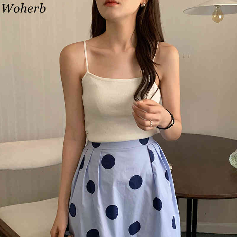 Chic Two Piece Set Women White Sling Crop Tops High Waist Polka Dot Skirt Korean Suit Ropa Mujer 2 for Woman 210519