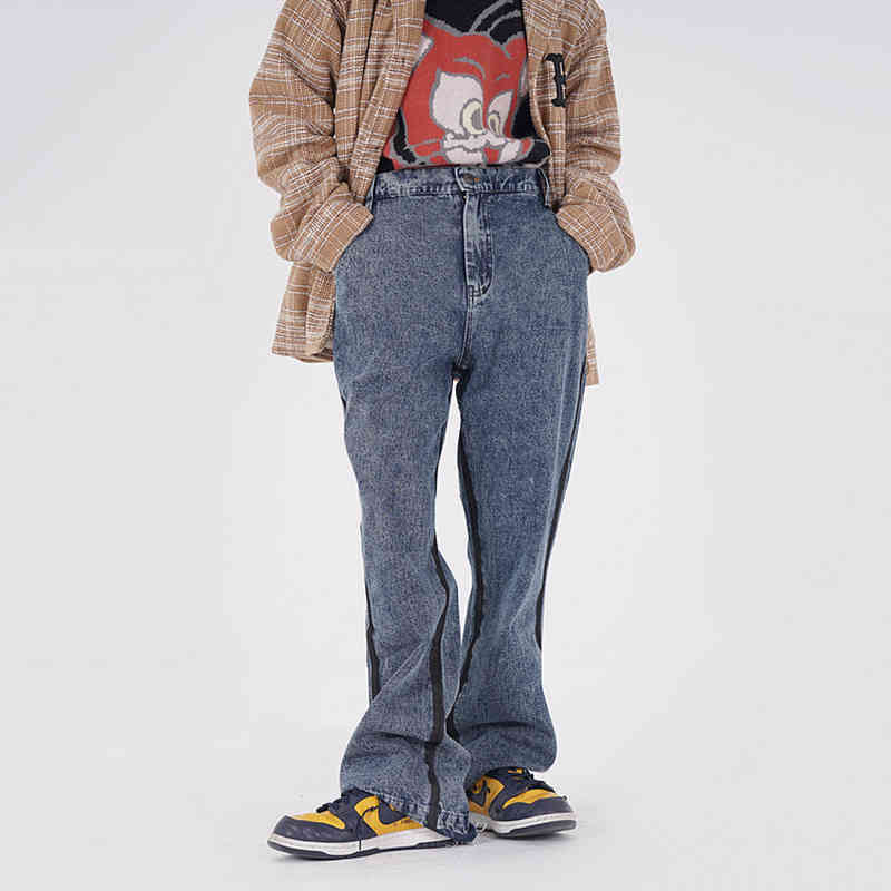 IEFB Men's High Street Fashion Splash Ink Paint Jeans Flared Pants Male's Fashion Loose Hip Hop Loose Wide Leg Pants Strip Y4988 210524