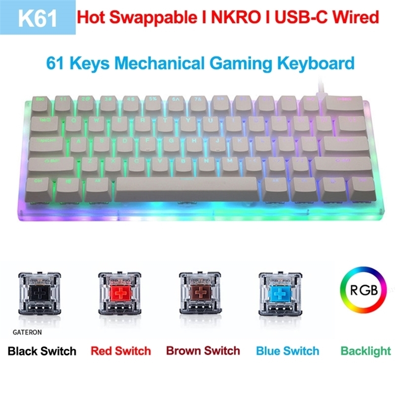 K61 61 Keys Mechanical Gaming Keyboard Gateron Switch Swappable USB-C Wired RGB Backlight Translucent Glass Base ABS Keycap 210610
K61 61 Keys Mechanical Gaming Keyboard Gateron Switch Swappable USB-C Wired RGB Backlight Translucent Glass Base ABS Keycap 210610