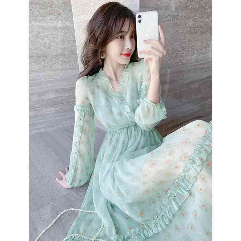 Summer Casual Long Sleeve Chiffon Women Floral Dress Green V Neck Ruffles Maxi Dresses Plus Size Two-piece Suit Female Robe 210521