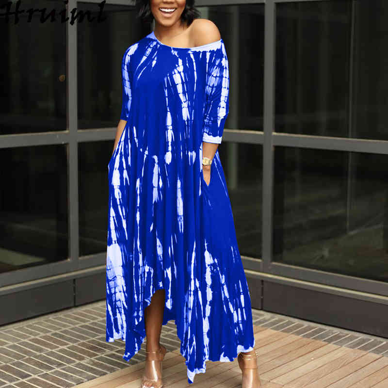Style Long Dress Wide Neck Tie-dye Women Pockets Casual Ankle-Length O-Neck Lrregular Hem Loose Vestidos Largos 210513