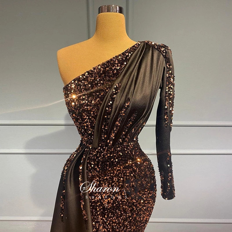 Glitter Sequin Mermaid One Shoulder Muslim Evening Dresses Long Sleeves 2022 Luxury Abaya Dubai Arabic fishtail prom dress wear