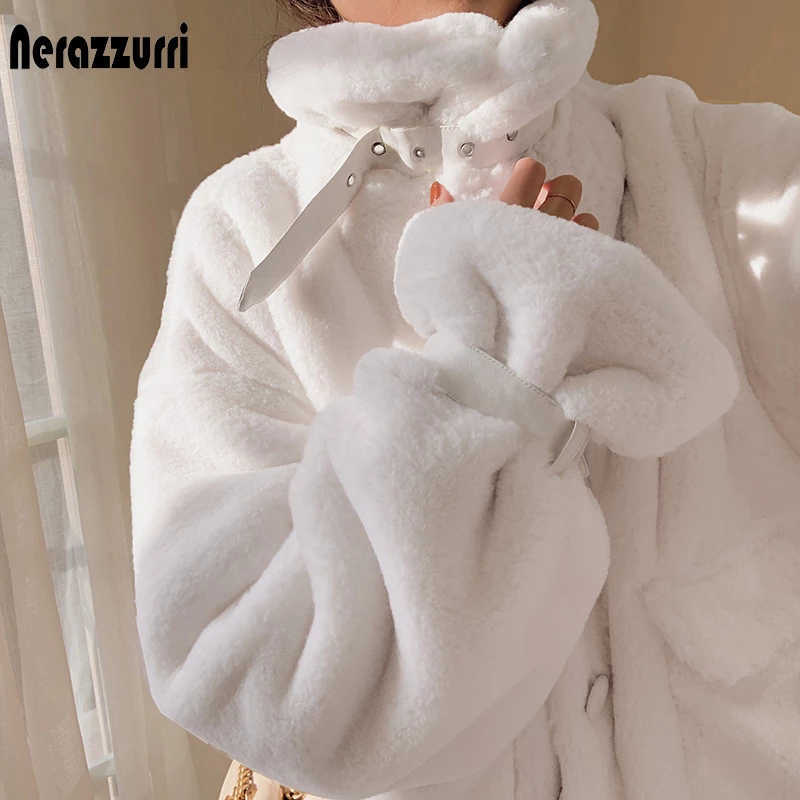 Nerazzurri Kawaii white soft fluffy faux fur jacket women long sleeve zipper pockets Pink coats and jackets fashion 210928