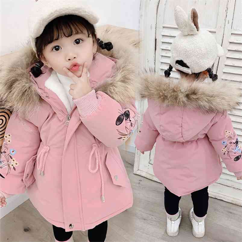 Baby Winter Girls Fur Hooded Trench Coats Warm Clothes Children Kids Girl's Winterjas Fleece Jacket Parka 2 3 4 5 6 7 Years 210916