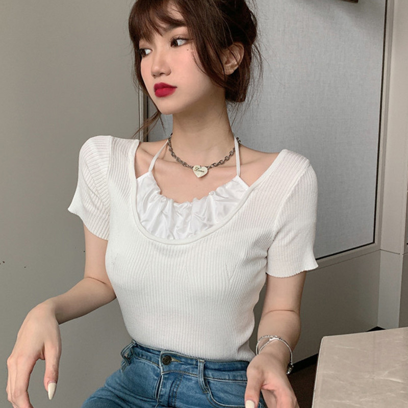 Lucyever Women's Halter Kintted T Shirts Summer Fashion Patchwork Short Sleeve Tshirt Woman Elastic Slim Fit Tees Female 210521, White
Lucyever Women's Halter Kintted T Shirts Summer Fashion Patchwork Short Sleeve Tshirt Woman Elastic Slim Fit Tees Female 210521, White