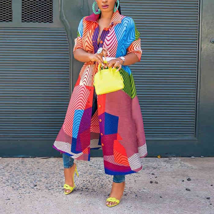 Autumn African Women Blouse Office Elegant Striped Long Sleeve Single Breasted Mid Calf Loose Fashion Business Work Wear Dresses 210510