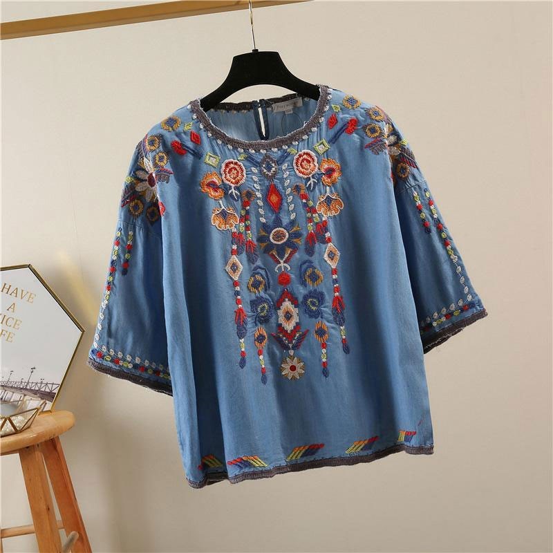 Summer Arts Style Women Half Sleeve Loose O-neck Tee Shirt Femme Tops Vintage Embroidery Cotton Denim T-shirt V33 210512