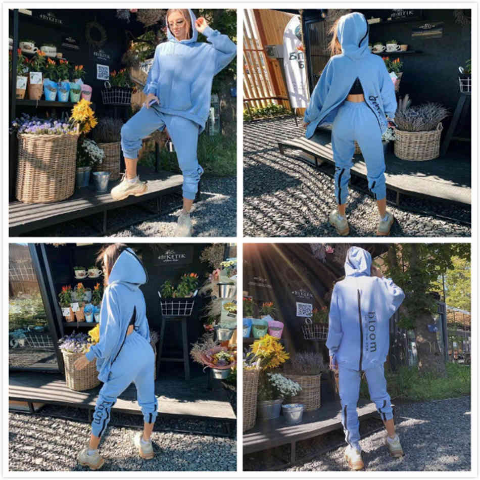 Free Women's Casual Letter Sweater Set Loose Hooded Sweatshirt Elastic Pants Zipper Sportswear 2 Two-piece Sets 210524