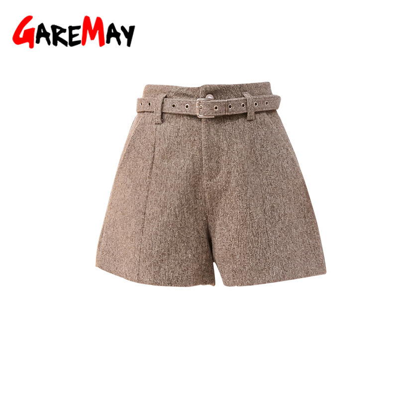 Autumn Winter Women Wide Leg Woolen Shorts High Waist Outerwear Warm Casual with Belt A-line 210428