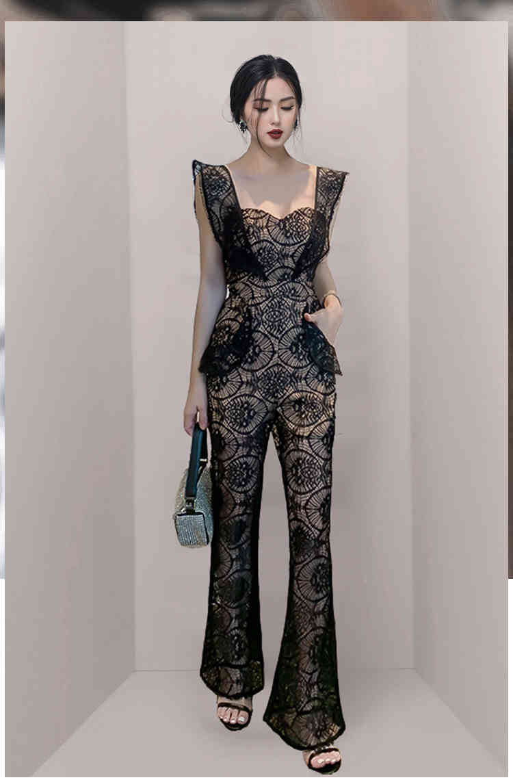 Sexy Lace Backless Women Square Collar Sleeveless Jumpsuits Ladies Elegant Fashion OL High Waist Slim Black Flare Rompers 210519