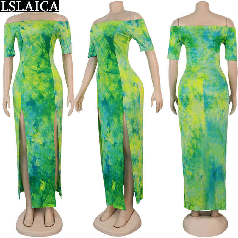 Women dress short sleeve Slash neck Tie-dye print loose casual long hem split elegant wild evening party club female 210515