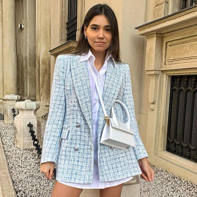Spring Women Casual Tweed Blazer Vintage Office Lady Autumn Jacket Coat double Breasted Outwear Female Chic Tops 210521