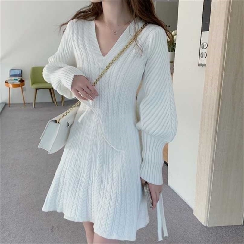 Elegant Lace-up Lantern Sleeve A-line Knitted Dress Temperament V Neck Twist Pattern Sweater Women Autumn Winter 211109, Black
Elegant Lace-up Lantern Sleeve A-line Knitted Dress Temperament V Neck Twist Pattern Sweater Women Autumn Winter 211109, Black