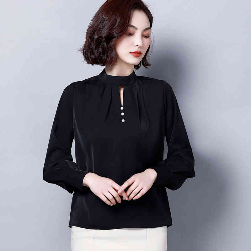 autumn women ladies tops and blouses plus size shirt long sleeve chiffon solid Office Lady top black 6013 50 210427