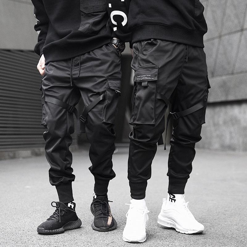 Joggers Men Black Tactics Cargo Pants Hip Hop Streetwear Pencil Sweatpants Ribbon Pocket Trousers Elastic Waist HG094 Men's