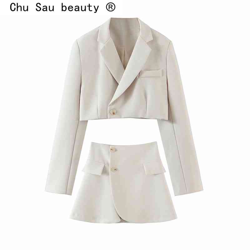 spring lapel one button short suit jacket crop top blazer mini skirt fashionable two-piece women 210514
