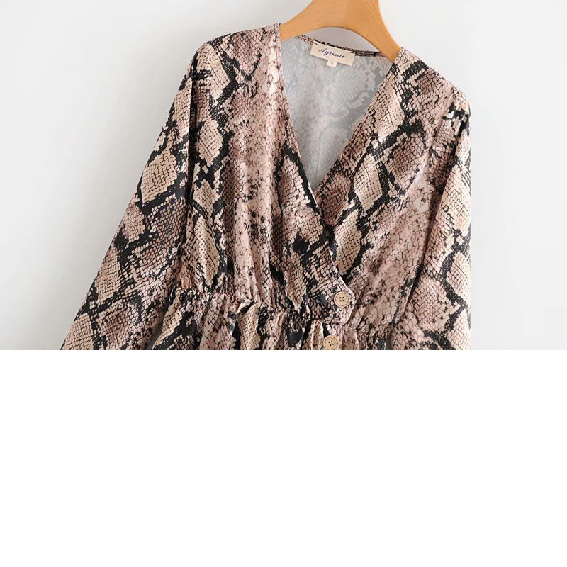 Holiday women's spring slim slimming wild snake print long-sleeved V-neck jumpsuit wide leg female elegant 210507