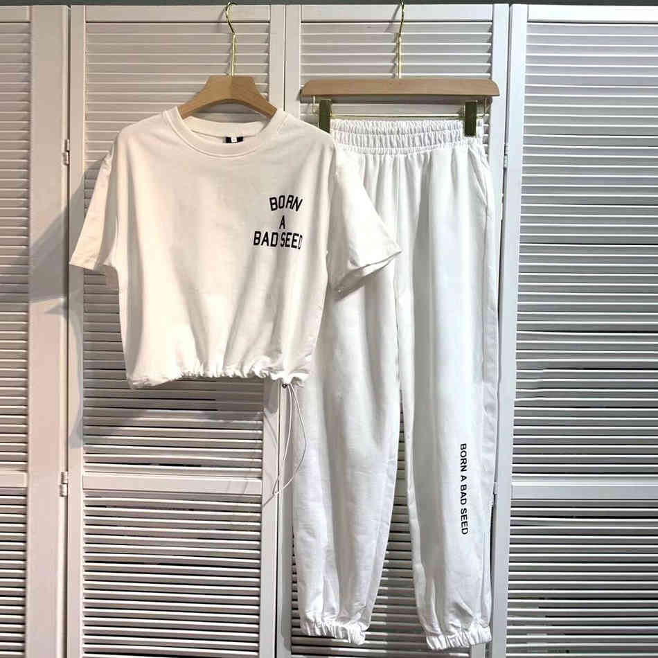 Free Summer Women's Casual Letters Sports Set O-Neck Short Sleeve Drawstring Pullover Top & Trousers Two-Piece 210524