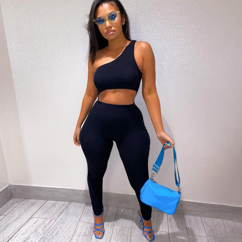 Women One Shoulder Hollow Out Bodycon Jumpsuit Casual Sleeveless Ribbed Streetwear Sporty Playsuit Summer Solid Slim Romper 210522