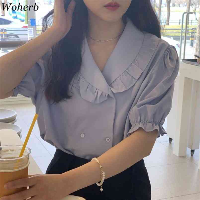 Sweet Women Blouses Chic Turn Down Collar Ruffles Puff Short Sleeve Shirts Korean Elegant Blusa Mujer White Loose Tops 210519, Blue
Sweet Women Blouses Chic Turn Down Collar Ruffles Puff Short Sleeve Shirts Korean Elegant Blusa Mujer White Loose Tops 210519, Blue