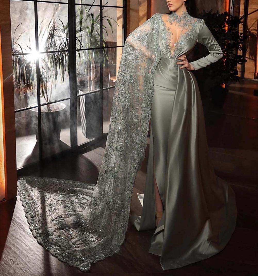 High Neck Silver Mermaid Evening Dresses With Long Sleeves Applique Lace Beaded One Shoulder Prom Dress Side Split Formal Party Gowns Robe de mariée, Sage
High Neck Silver Mermaid Evening Dresses With Long Sleeves Applique Lace Beaded One Shoulder Prom Dress Side Split Formal Party Gowns Robe de mariée, Sage