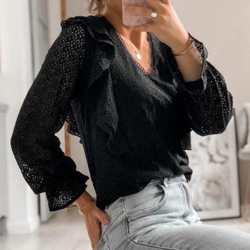 Summer Women White Black Blouse V neck Lace Shirts Long Sleeve Sexy Hollow Out Tops Casual Loose Solid Office Blouses 210515