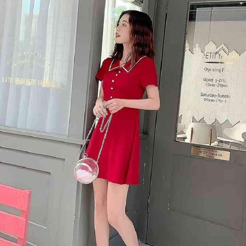 Korean style Chic Short Sleeve Button Women Mini Dress Turn-Down Collar Solid Color Ladies Dresses Summer Female Robe 210521