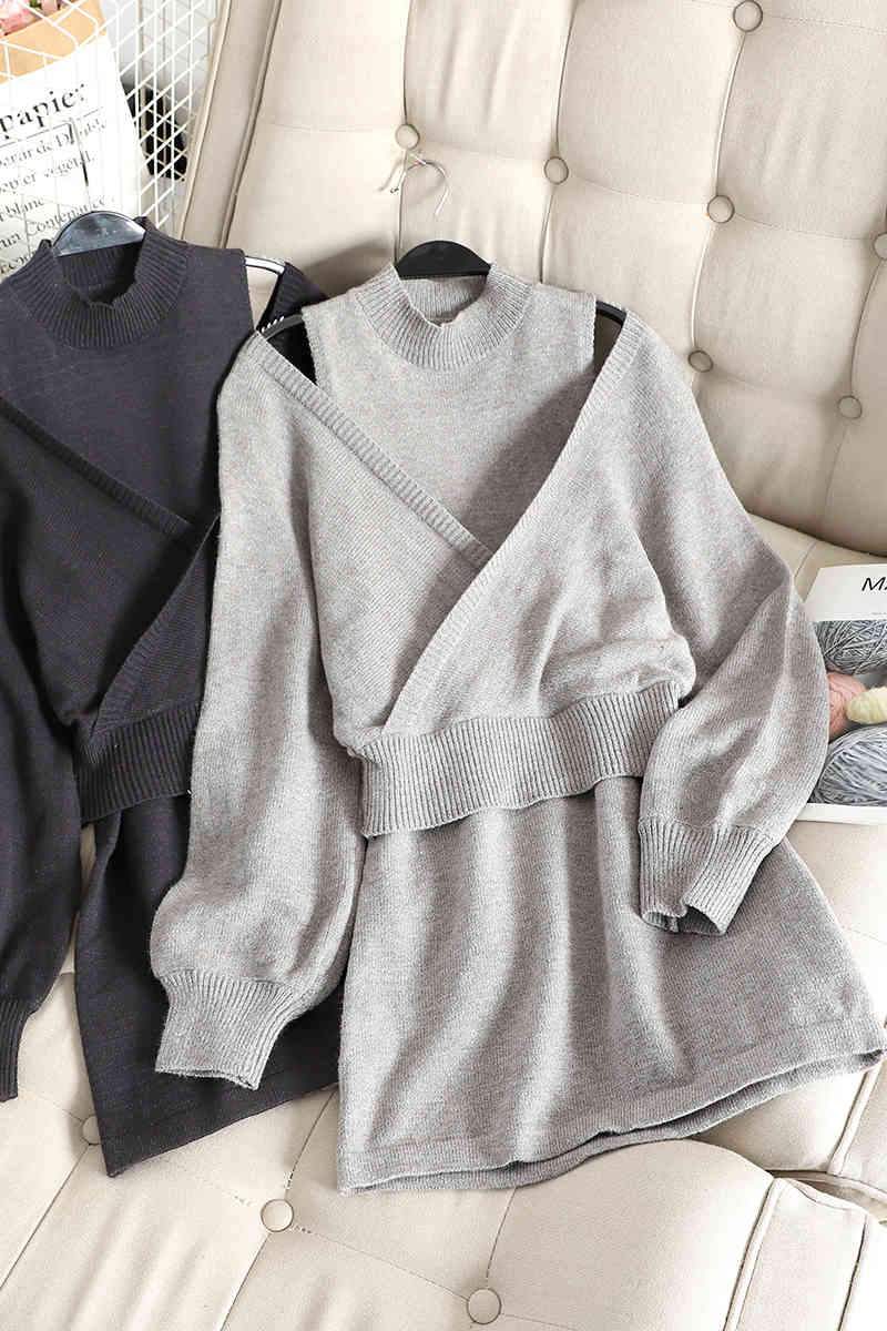 Two Piece Set Women Sleeveless Knitted Bodycon Dress Sexy Cropped Sweater Pullover Lady Casual Korean Style Elegant Suit 210519